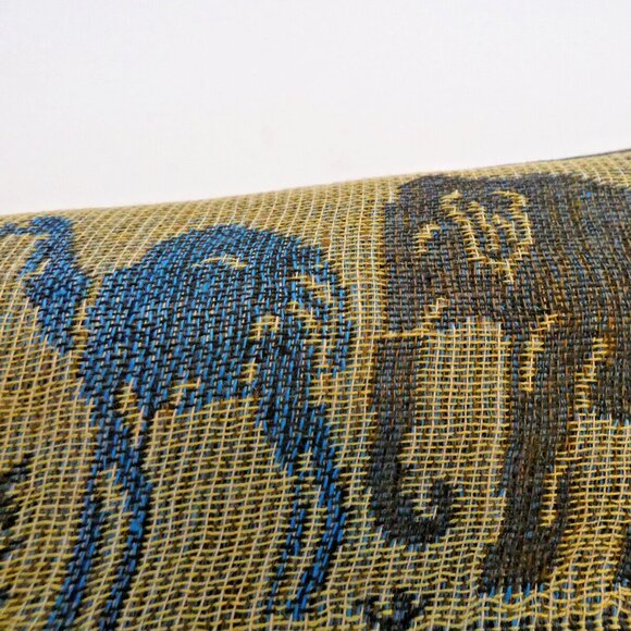 Silk Cashmere Scarf Long Blue Brown Thailand Gold Emboss Elephant Lucky Romantic - Picture 3 of 8
